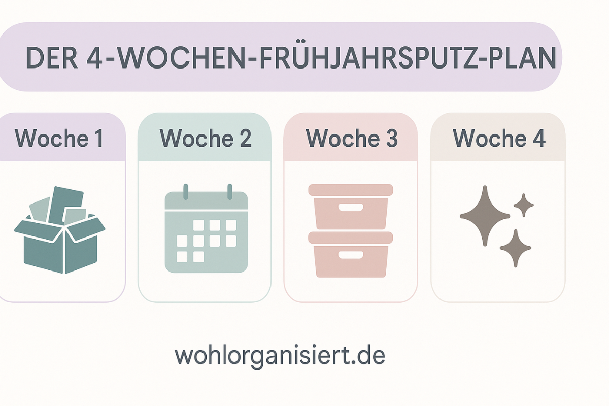Pastellfarbene 4-Wochen-Frühjahrsputz-Infografik mit vier Abschnitten: Entrümpeln, Routinen, Aufbewahrung und Zonen, sowie Deep-Clean. Klare Icons und strukturierte Kästen im minimalistischen Wohlorganisiert-Design.