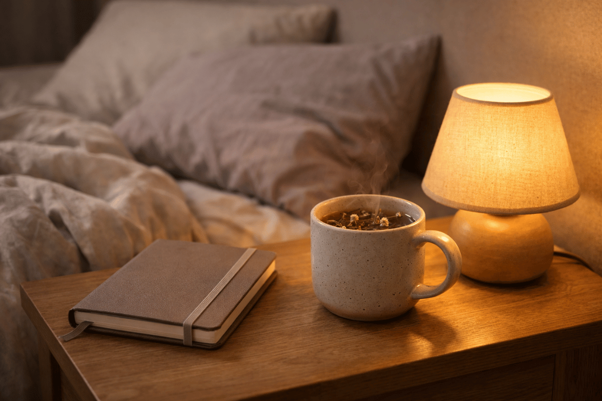 Nachttisch neben Bett mit Tee und Journal