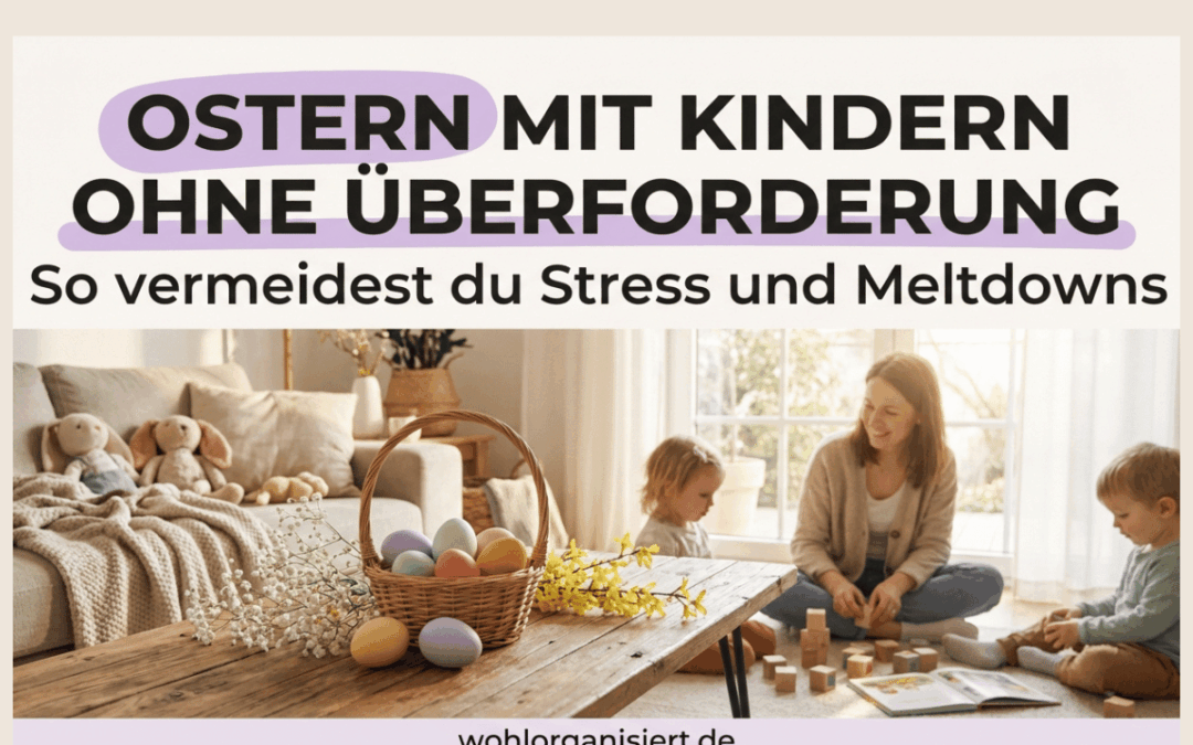 Ostern mit Kindern ohne Überforderung – entspannte Familie im Wohnzimmer mit Osterdeko und natürlichem Licht