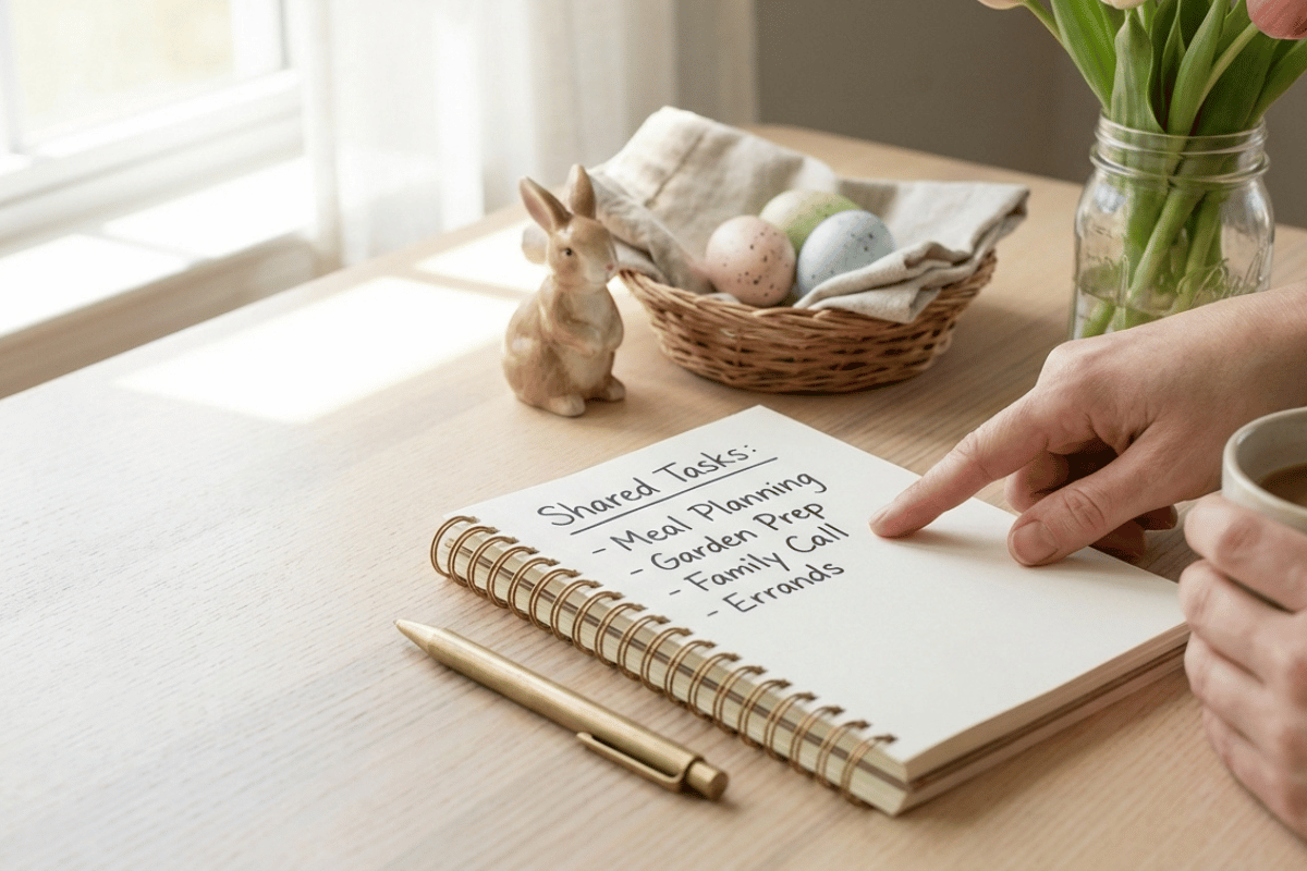 Ostern (3) Handgeschriebene Aufgabenliste für Ostern auf Holztisch – Mental Load in der Familie strukturieren und Stress vermeiden