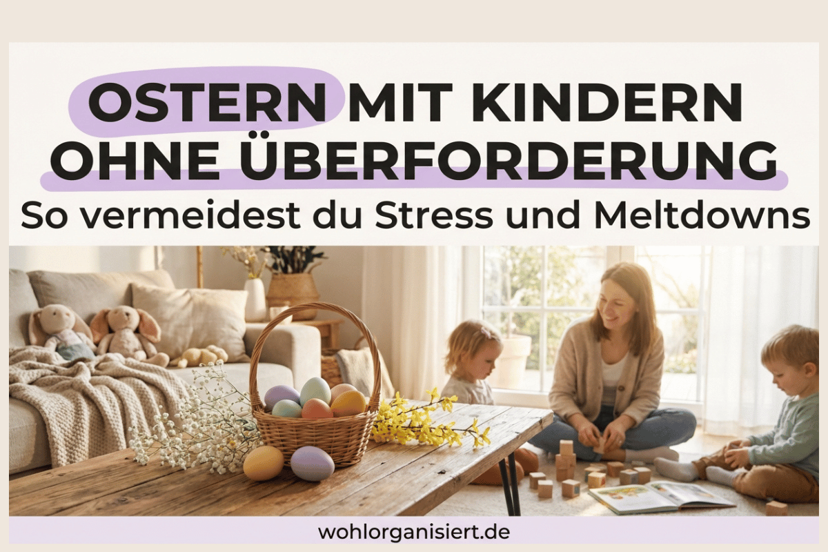Ostern mit Kindern ohne Überforderung: Familie im Wohnzimmer mit Osterdeko