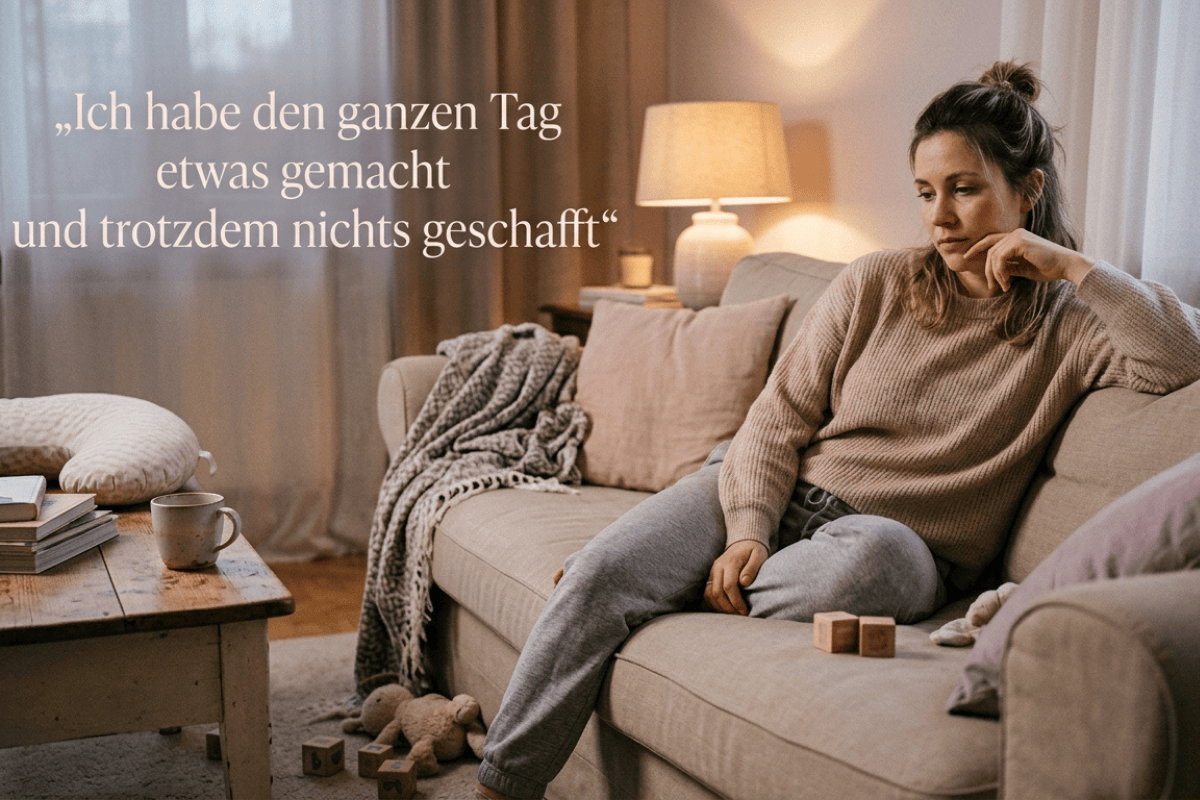 Chaos im familienalltag 1 Überforderung im Familienalltag – erschöpfte Mutter sitzt im Wohnzimmer mit Spielzeug und Chaos im Hintergrund, Mental Load und Alltagsstress mit Kindern