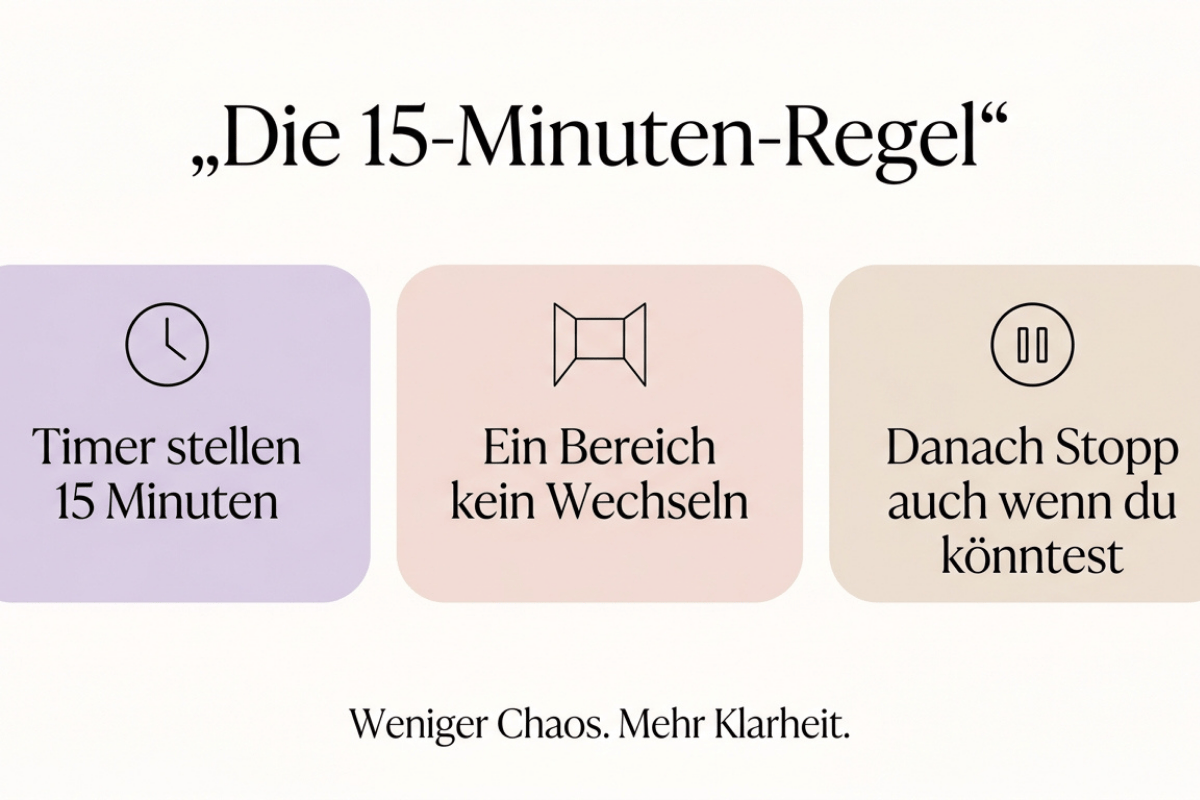 Frühjahrsputz mit Kindern Tipps – Infografik zur 15-Minuten-Regel für schnelles Aufräumen im Alltag mit klaren Schritten