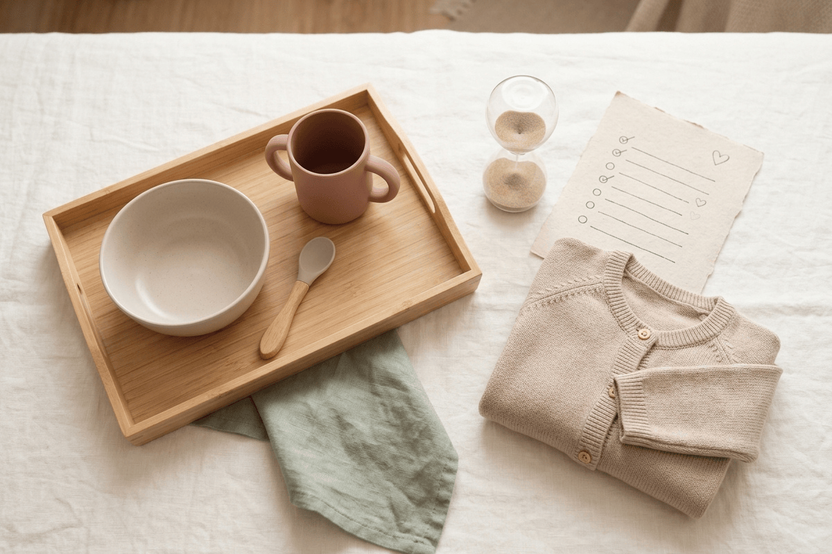 Ruhige Morgenroutine mit Frühstück, Sanduhr und vorbereiteten Dingen als Symbol für weniger Stress am Morgen mit Kindern