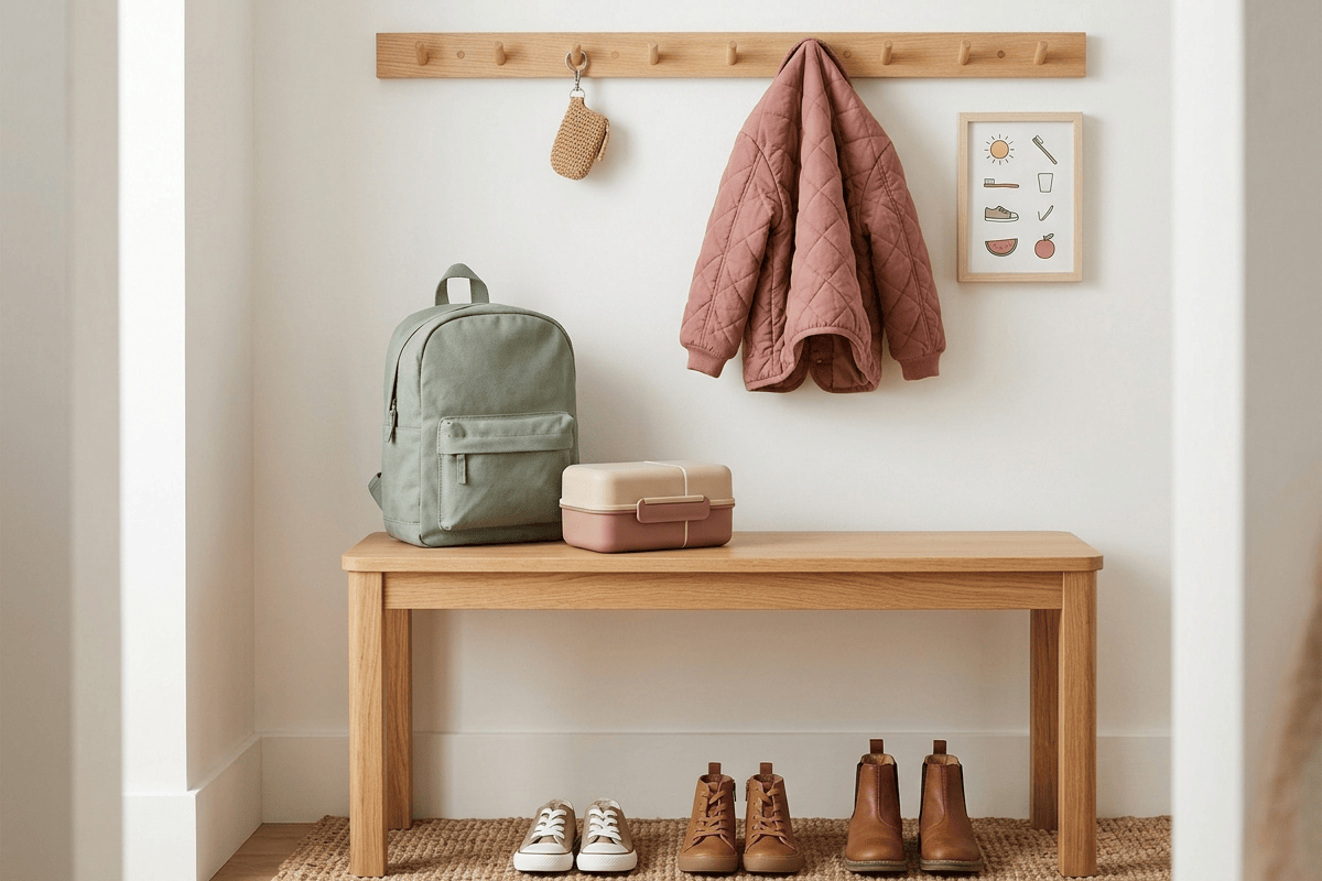 Ordentlich vorbereiteter Eingangsbereich mit Kinderschuhen, Rucksack und Lunchbox für eine stressfreiere Morgenroutine mit Kindern