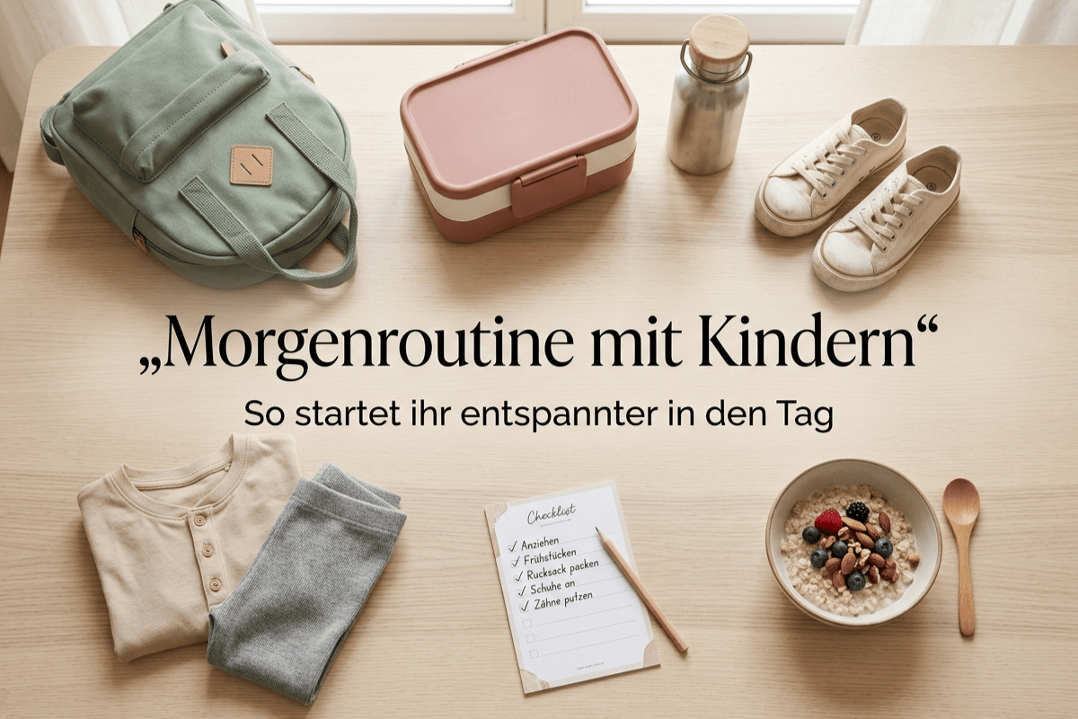 Familien-Morgenroutine mit Brotdose, Rucksack, Kleidung und Frühstück als Symbol für einen entspannteren Start in den Tag mit Kindern