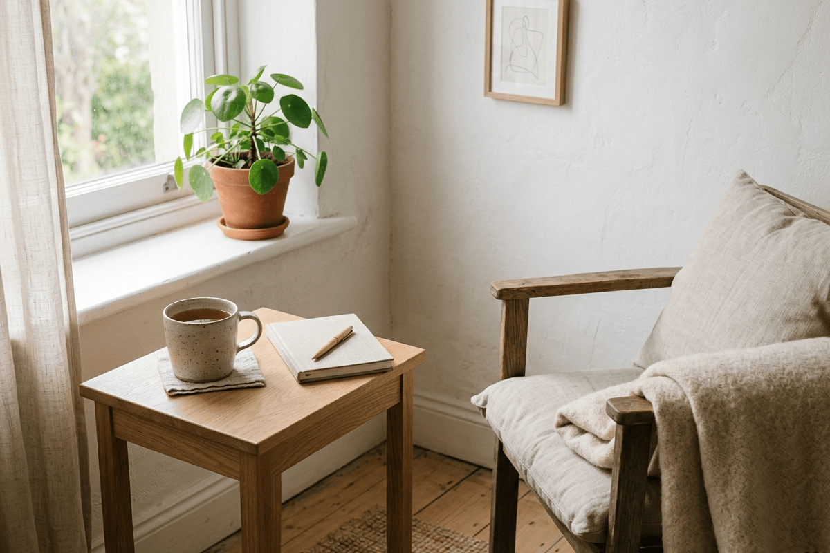 ruhiger Moment im Alltag – aufgeräumte Ecke mit Kaffee und natürlichem Licht, kurze Auszeit für Mütter im Familienalltag