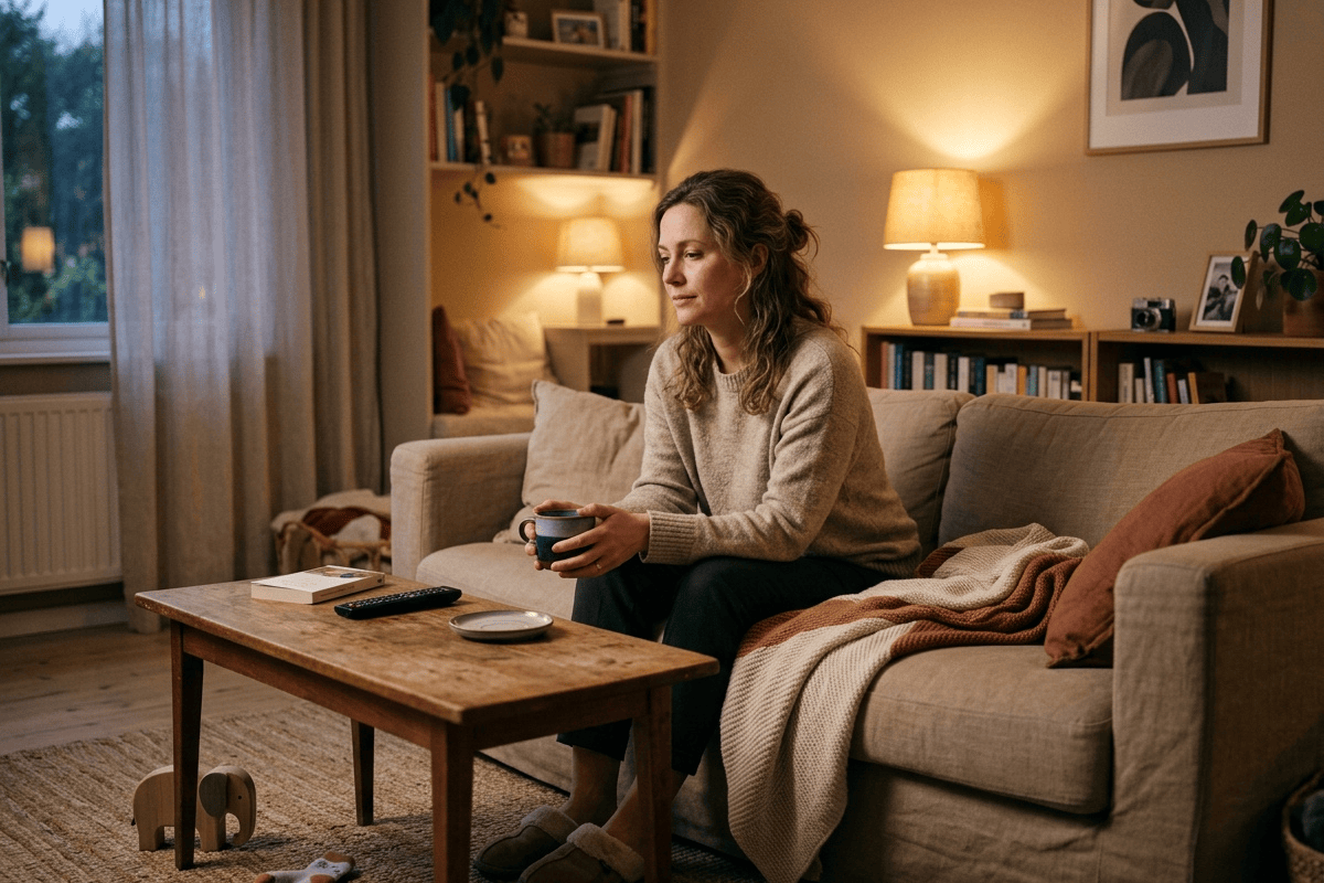 erschöpfte Mutter sitzt abends im Wohnzimmer – Mental Load und Gedanken im Familienalltag, Müdigkeit und Überforderung