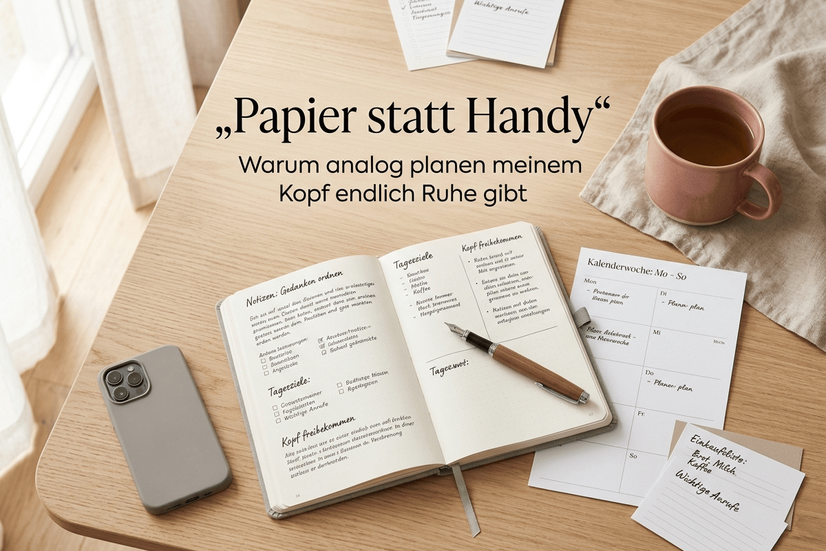 Analoger Planer mit Notizbuch, Stift, Kaffeetasse und Smartphone am Rand als Symbol für Ruhe statt digitaler Reizüberflutung