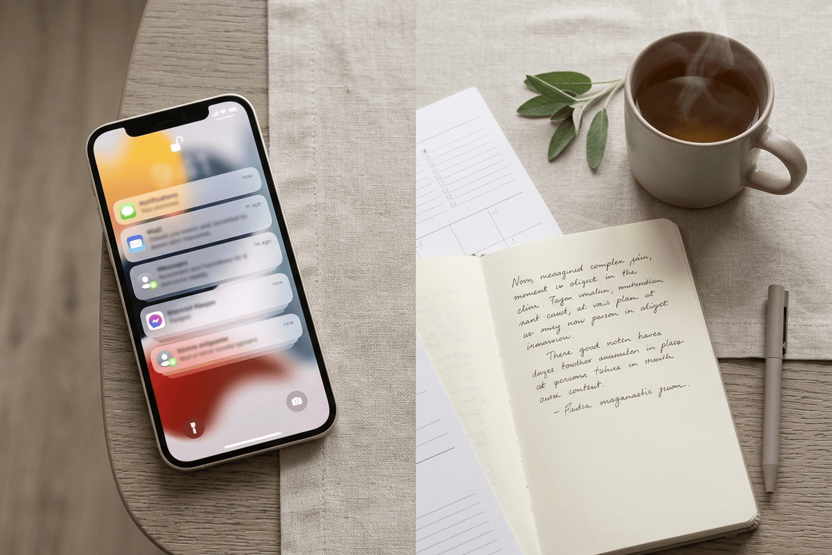 Smartphone mit Benachrichtigungen neben offenem Notizbuch und Planer als Symbol für digitales Gedankenchaos und analoge Entlastung