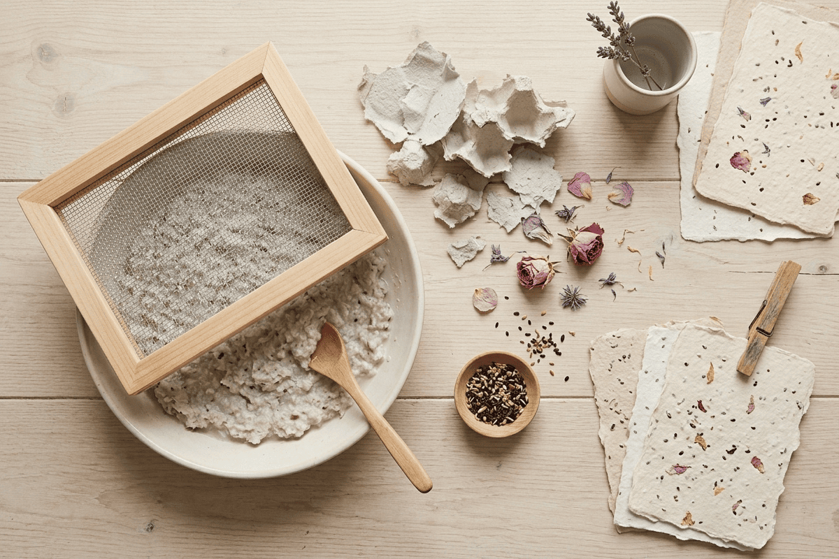 Samenpapier selber machen – Materialien und Anleitung mit Papierbrei, Sieb, Blumensamen und recyceltem Papier