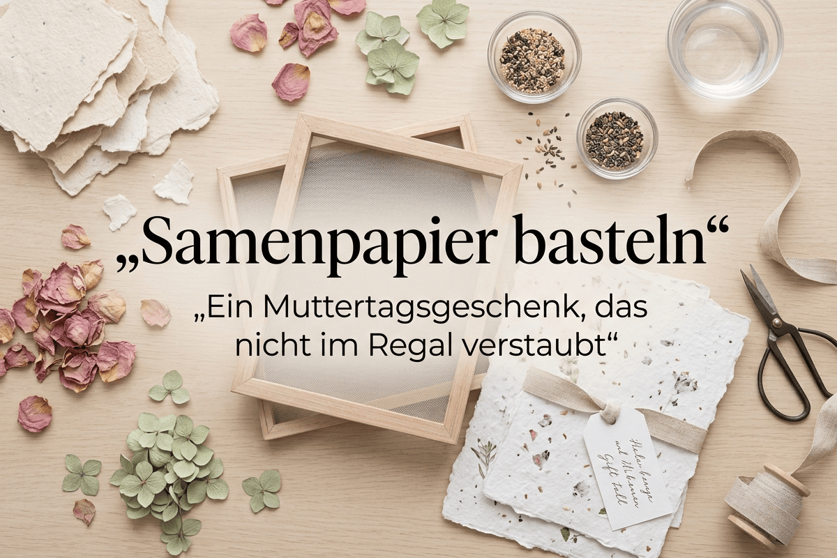 Samenpapier basteln als Muttertagsgeschenk – DIY Arbeitsplatz mit handgeschöpftem Papier, Blumensamen und getrockneten Blüten