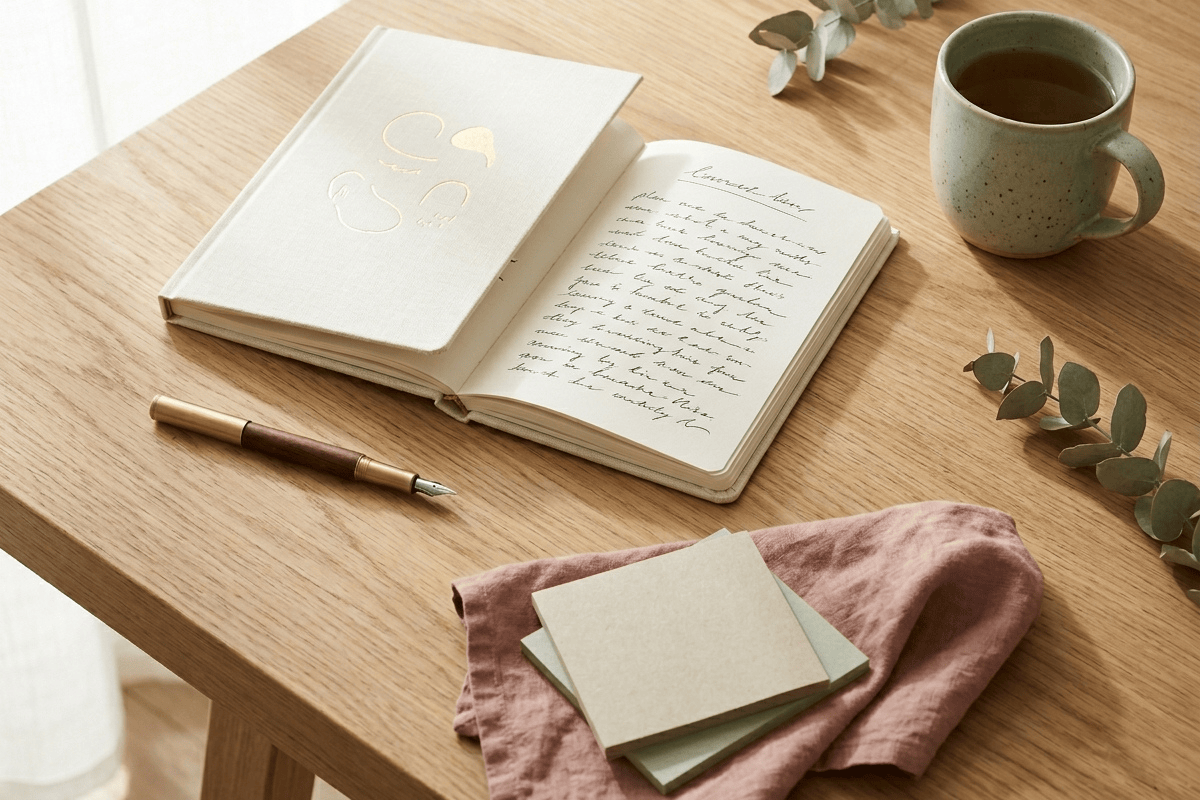 Analoger Planer mit Notizbuch, Stift, Kaffeetasse und Smartphone am Rand als Symbol für Ruhe statt digitaler Reizüberflutung