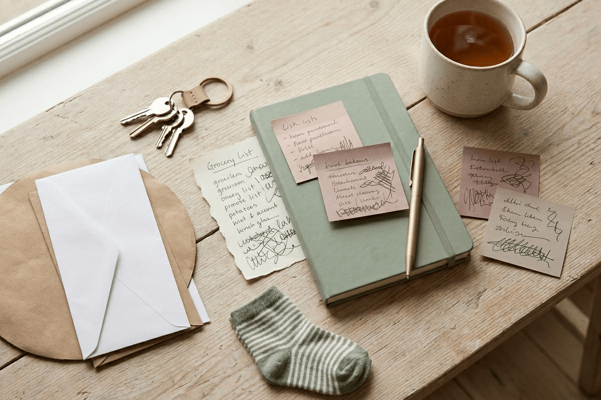 zuhause erschöpft 1 Tisch mit Planer, Notizen, Schlüsseln und Alltagsgegenständen als Symbol für Mental Load und unsichtbare Alltagsorganisation