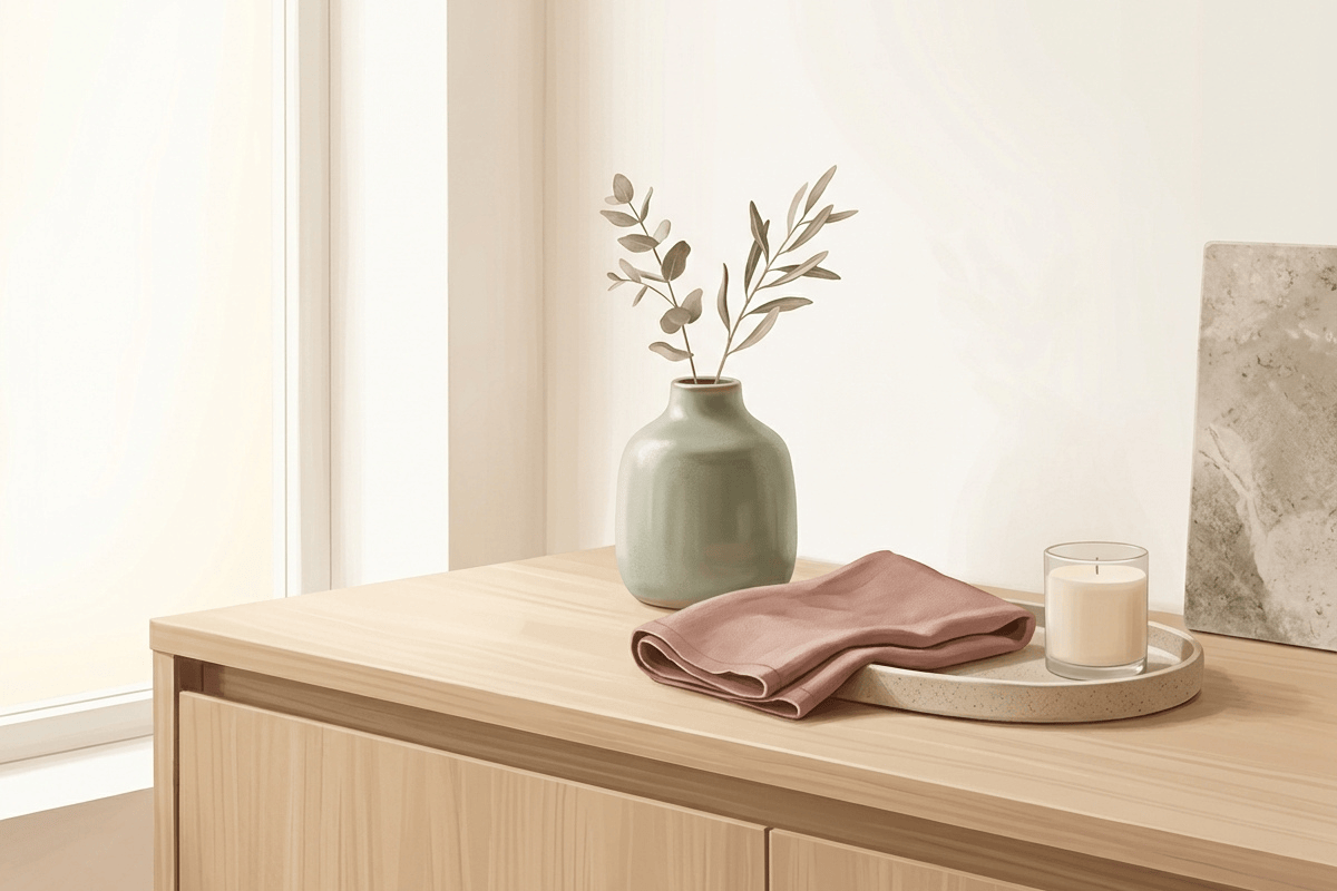 zuhause erschöpft 2 Ruhig gestaltete freie Wohnfläche mit wenigen dekorativen Gegenständen als Symbol für mentale Entlastung und Ordnung im Alltag