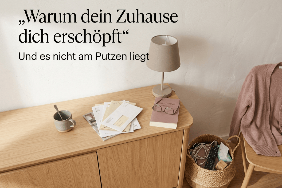 zuhause erschöpft Wohnliche Ecke mit Poststapel, Tasche und kleinen Alltagsgegenständen als Symbol für visuelle Unordnung und Mental Load im Zuhause