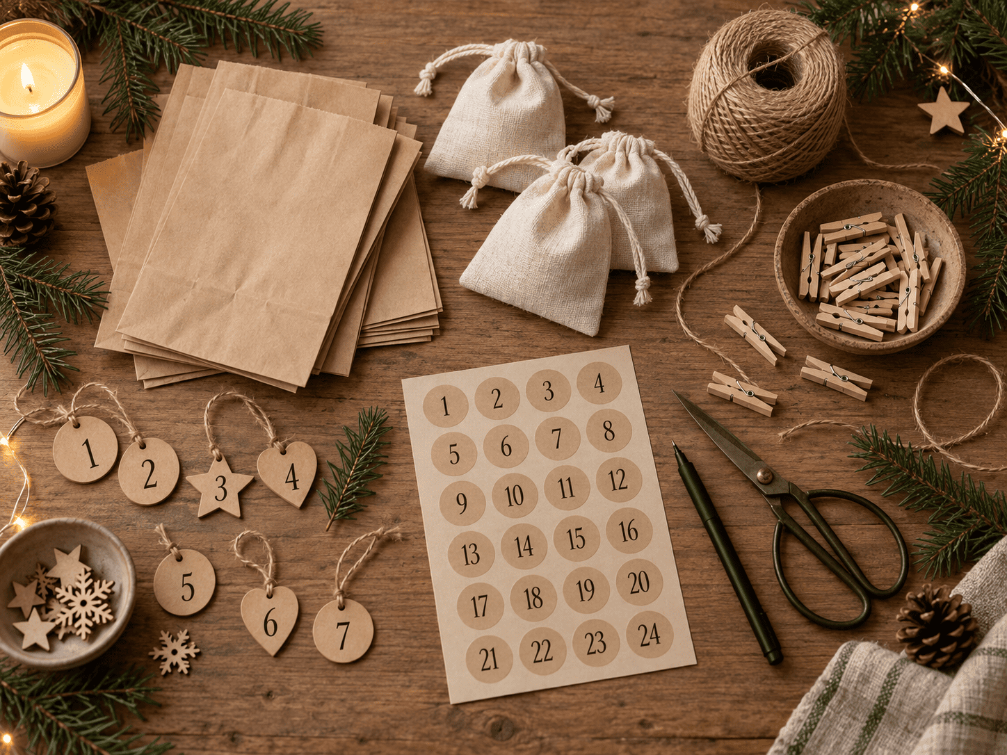 Materialien zum Adventskalender für den Partner selber machen: Tüten, Zahlen und Schnur