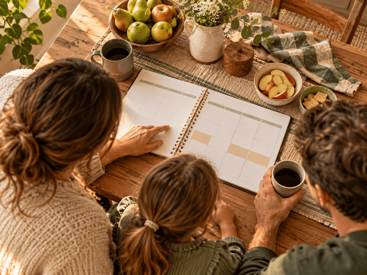 Familie plant gemeinsam die Woche am Küchentisch mit einem Papierkalender