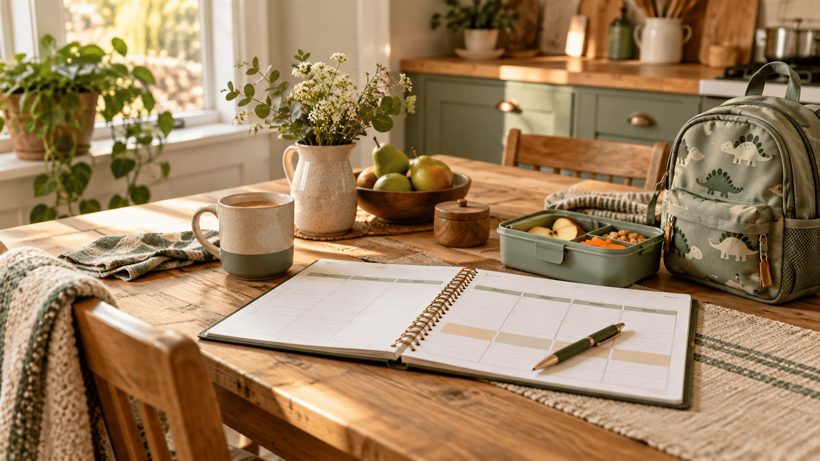 Sunday Reset für Familien am Küchentisch mit Wochenplaner und Brotdose